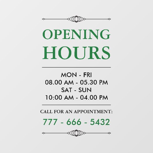 緑のエレガントな小企業の営業時間番号 ウィンドウサイン (シート)