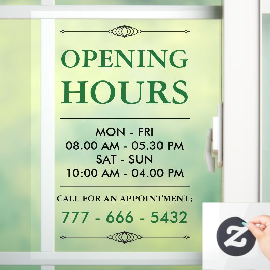 緑のエレガントな小企業の営業時間番号 ウィンドウサイン (ホーム)