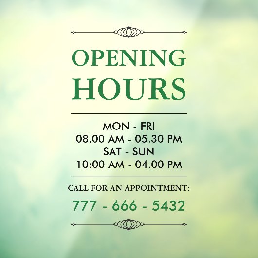 緑のエレガントな小企業の営業時間番号 ウィンドウサイン