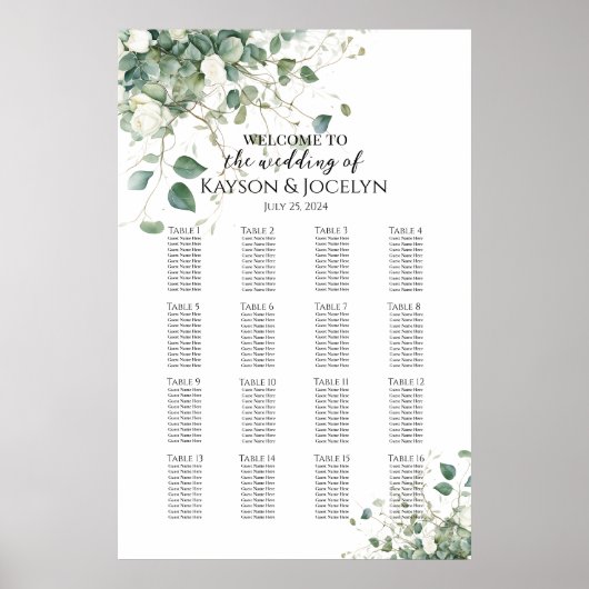 緑のエレガントな結婚式のシーティングチャート16テーブル ポスター (正面)