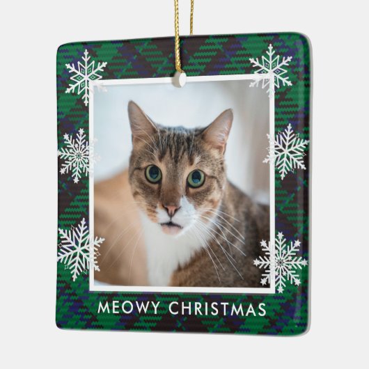 緑のエレガントギンガム猫の写真マイオウィクリスマス セラミックオーナメント (左)