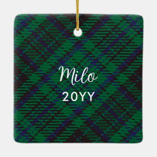 緑のエレガントギンガム猫の写真マイオウィクリスマス セラミックオーナメント (裏面)