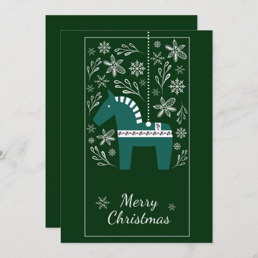 緑のエレガントクリスマスツリーの馬の装飾 シーズンカード (正面/裏面)