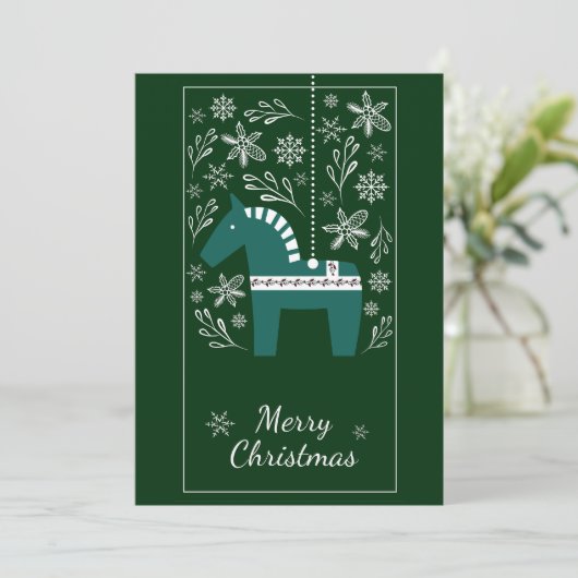 緑のエレガントクリスマスツリーの馬の装飾 シーズンカード (スタンド正面)