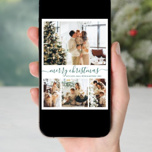 緑のエレガントスクリプト4フォトコラージュクリスマス シーズンカード