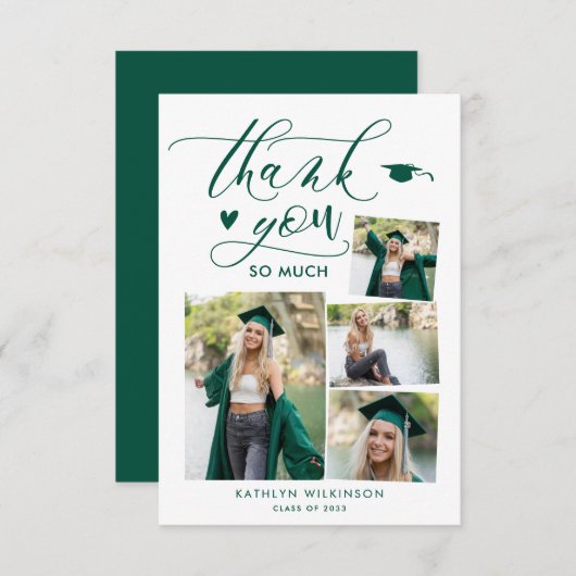 緑のエレガントスクリプト4フォトコラージュ卒業 サンキューカード (正面/裏面)