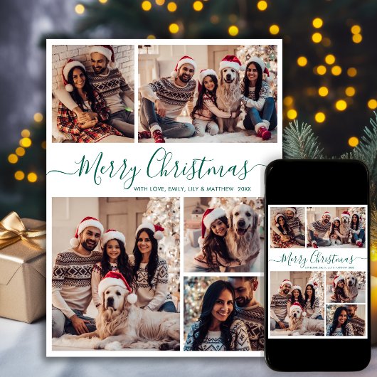 緑のエレガントスクリプト5フォトコラージュクリスマス シーズンカード