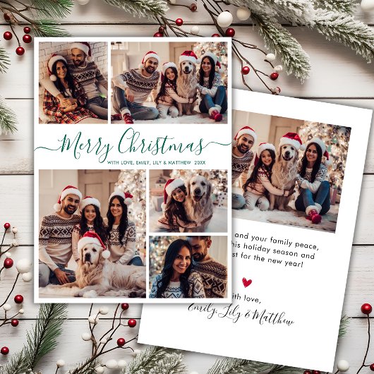 緑のエレガントスクリプト5フォトコラージュクリスマス シーズンカード