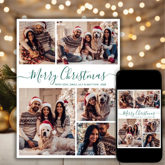 緑のエレガントスクリプト5フォトコラージュクリスマス シーズンカード