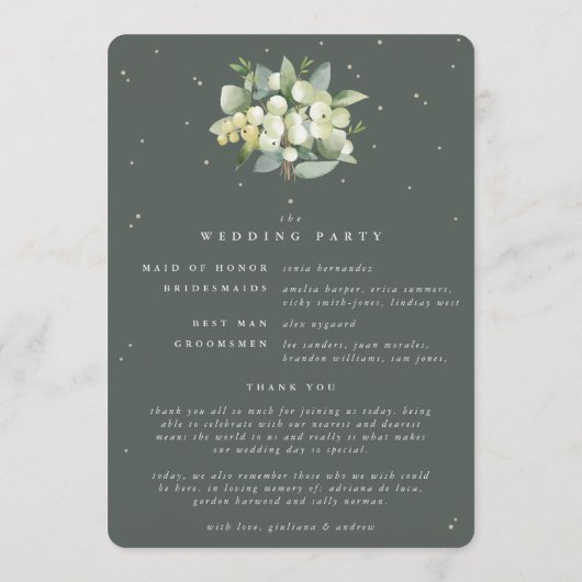 緑のエレガントスノーベリー+ユーカリ冬の結婚式 プログラム (裏面)