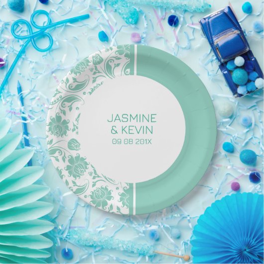 緑のエレガントダマスクと白のスプリットスクリーン ペーパープレート (パーティー)