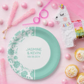 緑のエレガントダマスクと白のスプリットスクリーン ペーパープレート (パーティー)