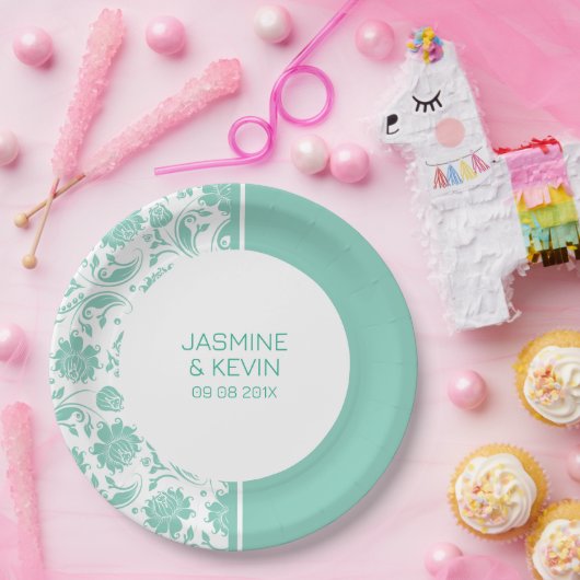 緑のエレガントダマスクと白のスプリットスクリーン ペーパープレート (パーティー)