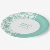 緑のエレガントダマスクと白のスプリットスクリーン ペーパープレート (アングル)