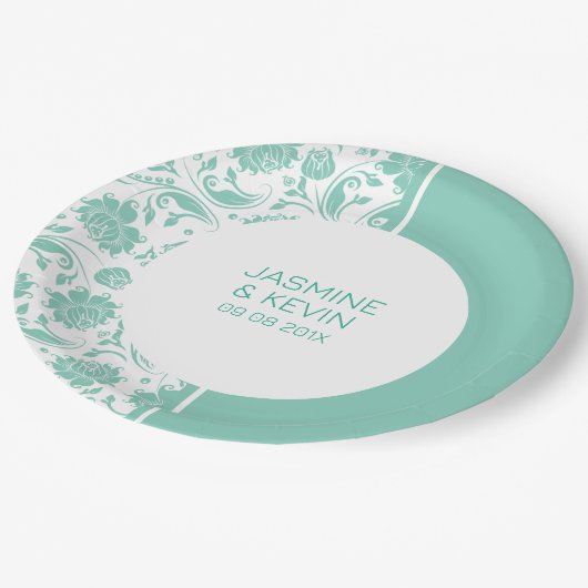 緑のエレガントダマスクと白のスプリットスクリーン ペーパープレート (アングル)