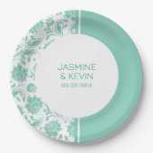 緑のエレガントダマスクと白のスプリットスクリーン ペーパープレート (正面)
