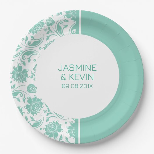 緑のエレガントダマスクと白のスプリットスクリーン ペーパープレート (正面)