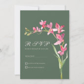 緑のエレガントピンクの蘭の花RSVP 招待状 (正面)