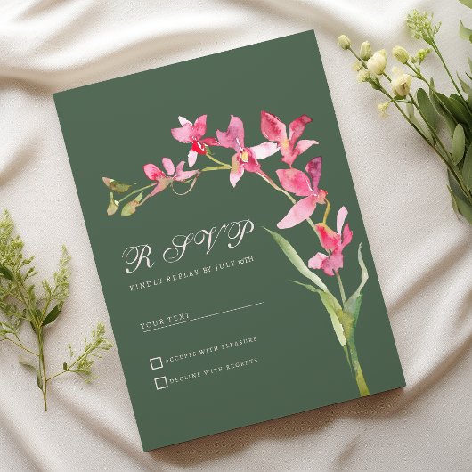 緑のエレガントピンクの蘭の花RSVP 招待状