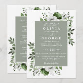 緑のエレガントフローラを一つ一つ結婚で 招待状 (正面/裏面)