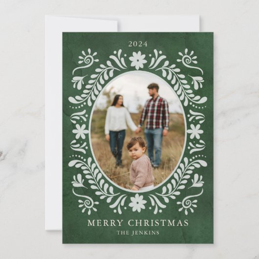 緑のエレガントフローラフォトクリスマス シーズンカード (正面)