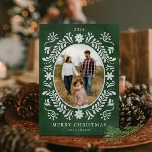 緑のエレガントフローラフォトクリスマス シーズンカード