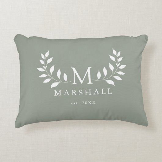 緑のエレガントフローラモダンモノグラムファミリ名 アクセントクッション (正面)