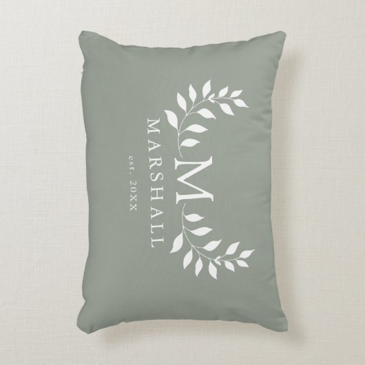 緑のエレガントフローラモダンモノグラムファミリ名 アクセントクッション (正面(垂直))