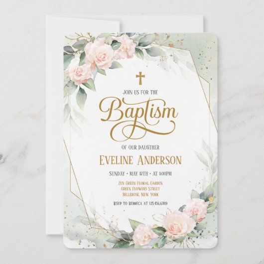 緑のエレガントフローラヴィンテージ水の色の洗礼 招待状 (正面)