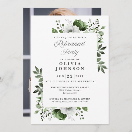 緑のエレガントフローラ退職パーティー写真 招待状 (正面/裏面)