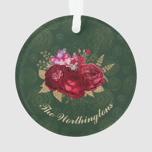 緑のエレガントベルベットのクリスマスに赤いバラ オーナメント (裏面)