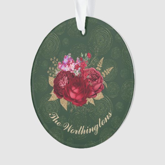 緑のエレガントベルベットのクリスマスに赤いバラ オーナメント (正面)