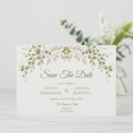 緑のエレガントワイルドフラワーの結婚式の日付を保存 (スタンド正面)