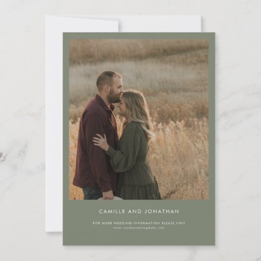 緑のエレガント写真ミニマル日付の保存 セーブザデート (裏面)