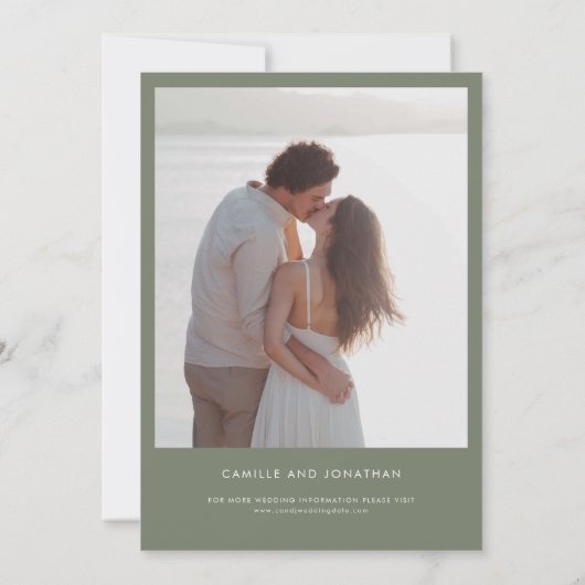 緑のエレガント写真ミニマル日付の保存 セーブザデート (裏面)