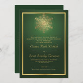 緑のエレガント冬の結婚式の雪の結晶 招待状 (正面/裏面)