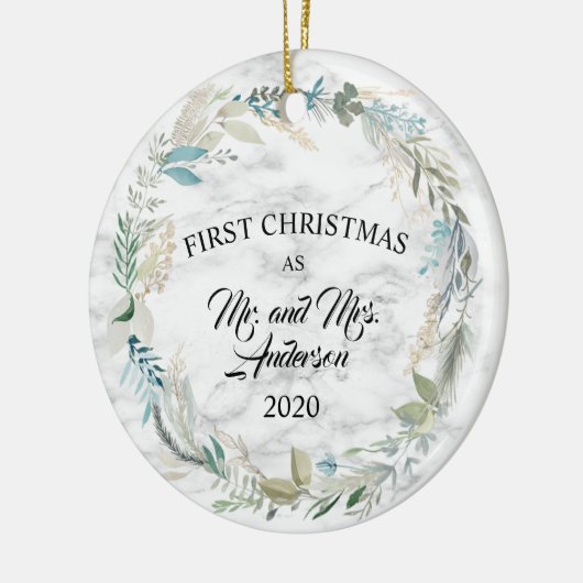 緑のエレガント初めてのクリスマス大結婚した理石 セラミックオーナメント (左)