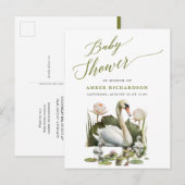 緑のエレガント台本スワンのミニマルな赤ちゃんシャワー インビテーションポストカード (正面/裏面)