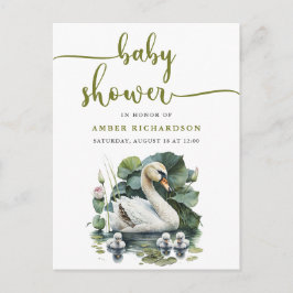 緑のエレガント台本スワンのミニマルな赤ちゃんシャワー インビテーションポストカード