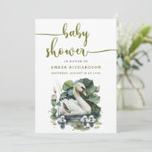 緑のエレガント台本スワンのミニマルな赤ちゃんシャワー 招待状 (スタンド正面)