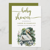 緑のエレガント台本スワンのミニマルな赤ちゃんシャワー 招待状 (正面/裏面)