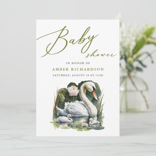 緑のエレガント台本スワンのミニマルな赤ちゃんシャワー 招待状 (スタンド正面)