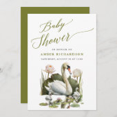 緑のエレガント台本スワンのミニマルな赤ちゃんシャワー 招待状 (正面/裏面)