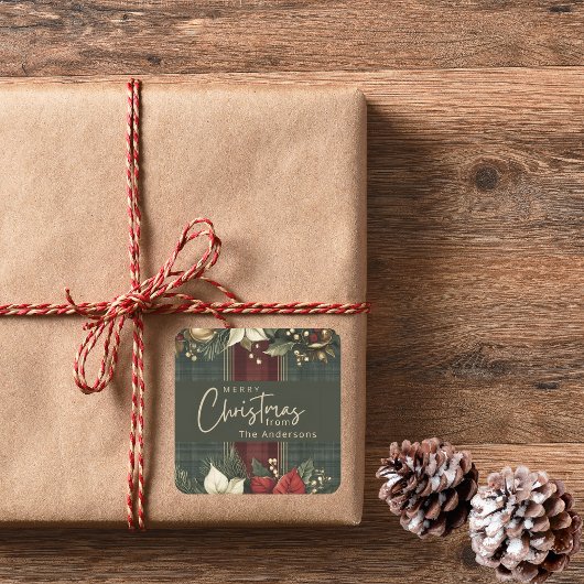 緑のエレガント格子模様のポインセティアスメリークリスマス スクエアシール