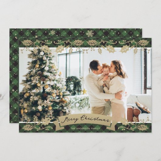 緑のエレガント格子模様の写真メリークリスマス シーズンカード (正面/裏面)
