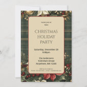 緑のエレガント格子模様の赤いポインセチアのクリスマスパーティー 招待状 (正面)