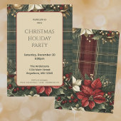 緑のエレガント格子模様の赤いポインセチアのクリスマスパーティー 招待状