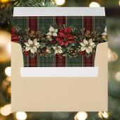 緑のエレガント格子模様の赤いポインセチアのクリスマスパーティー 招待状