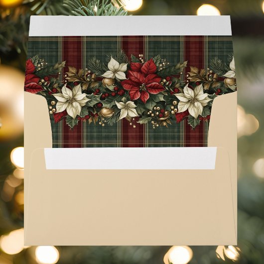 緑のエレガント格子模様の赤いポインセチアのクリスマスパーティー 招待状