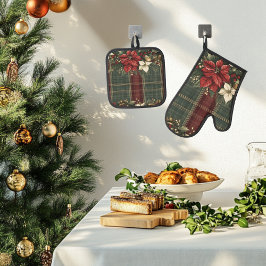 緑のエレガント格子模様の赤いポインセチアのクリスマス 鍋つかみ&鍋敷きセット